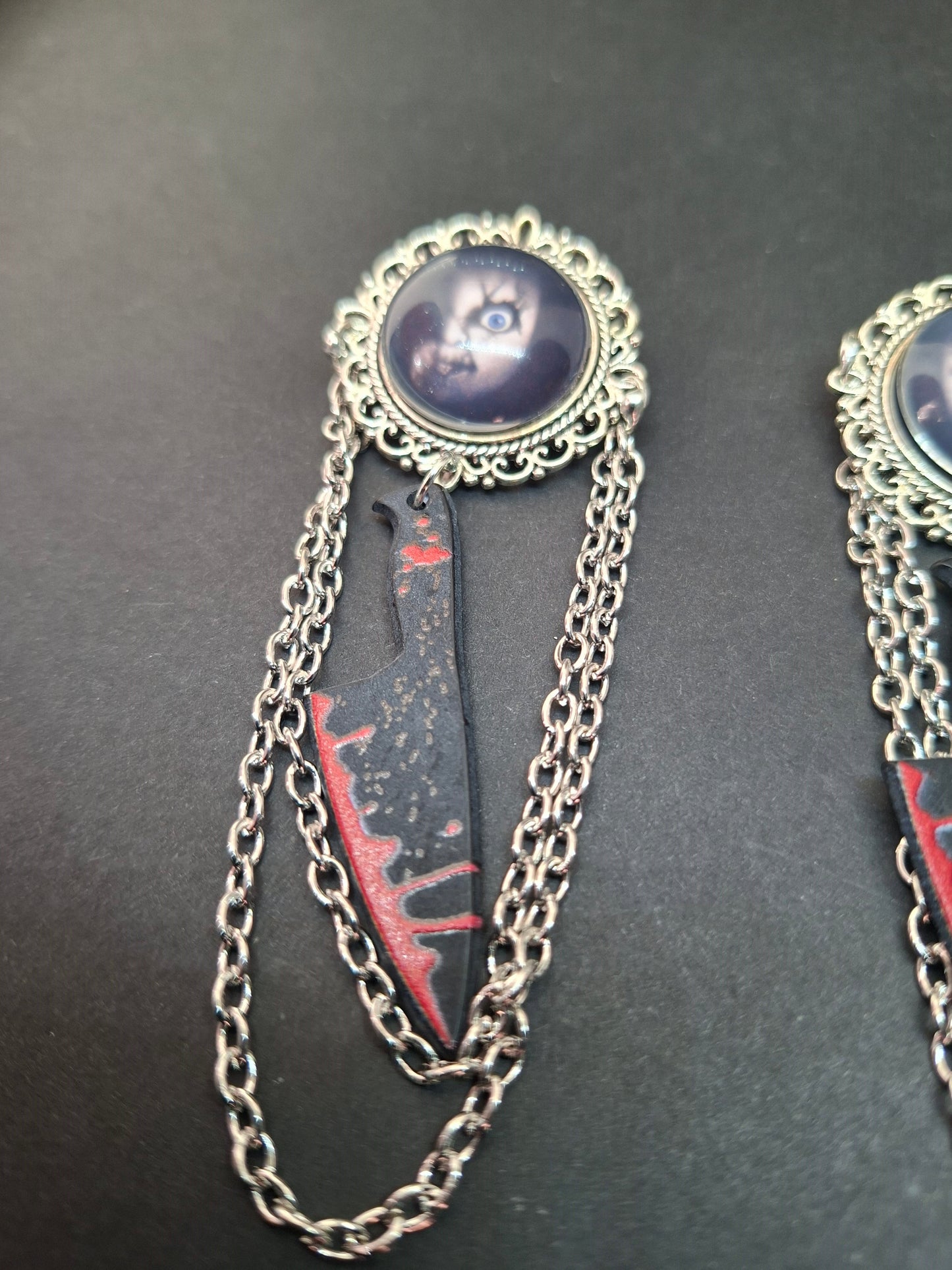 Ornate brooch with chains and blood splatter knife inspired by "Bride of Chucky " Chucky and tiffany
