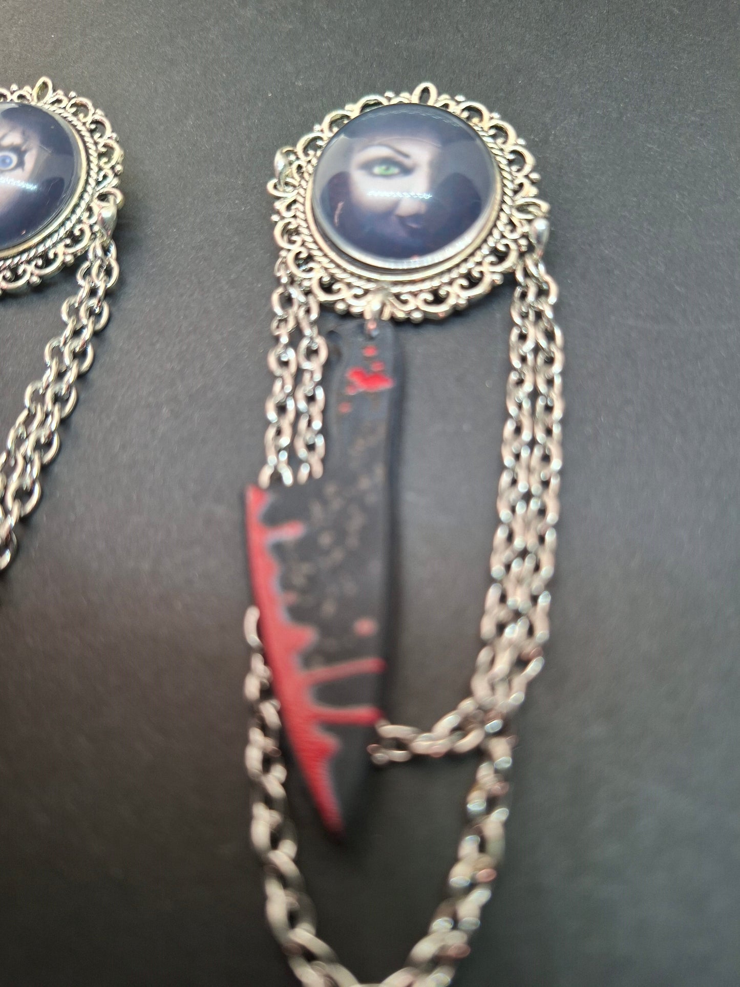 Ornate brooch with chains and blood splatter knife inspired by "Bride of Chucky " Chucky and tiffany