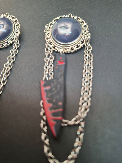 Ornate brooch with chains and blood splatter knife inspired by "Bride of Chucky " Chucky and tiffany