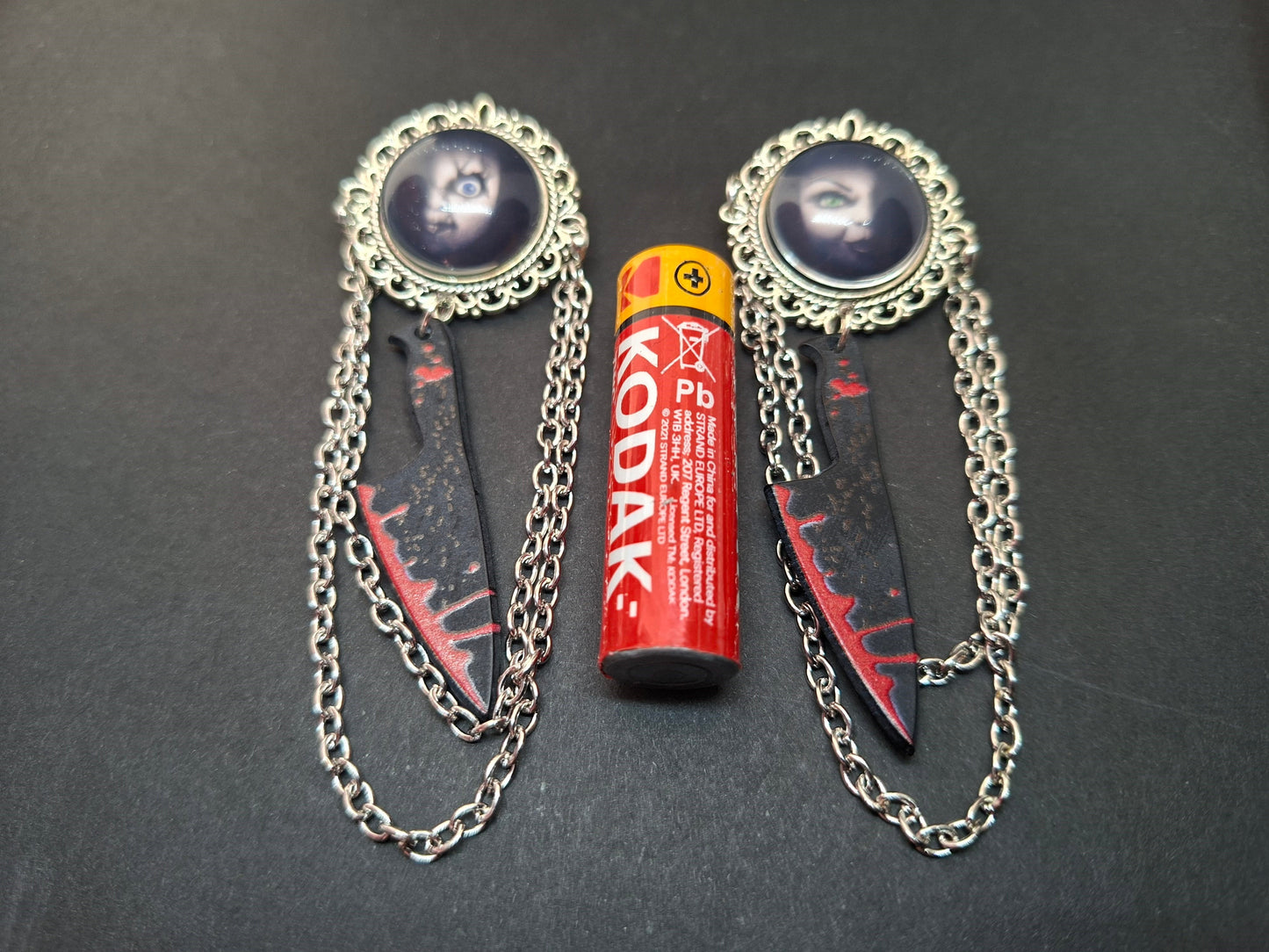 Ornate brooch with chains and blood splatter knife inspired by "Bride of Chucky " Chucky and tiffany