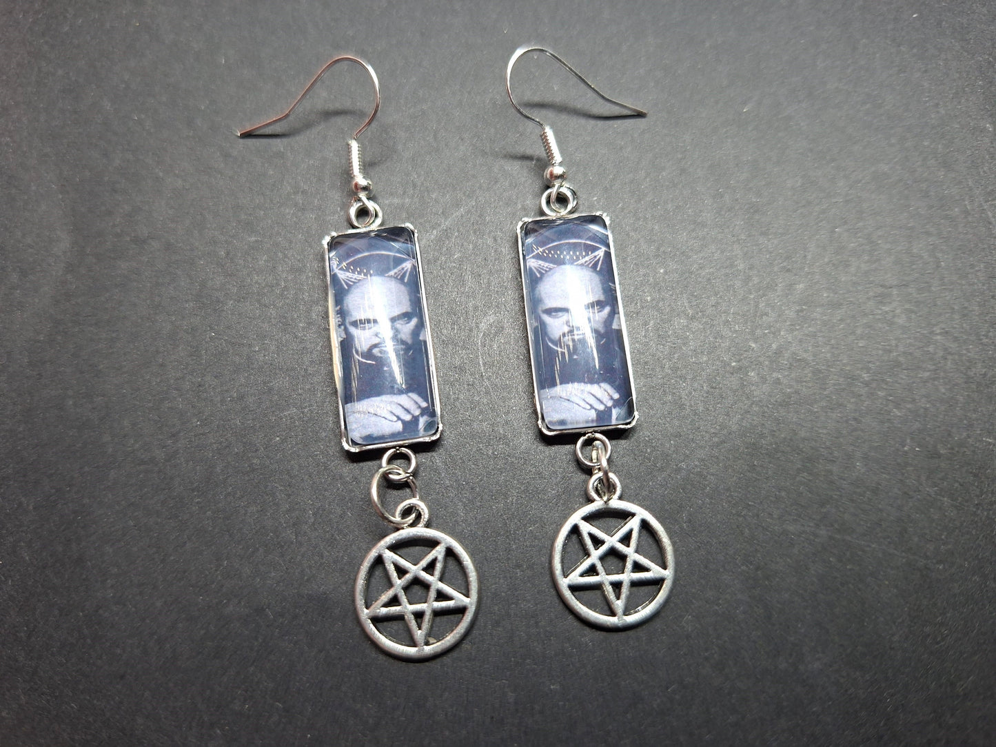 Stainless Steel rectangle image earrings, Satanic Anton LaVey inspired with inverted pentagram