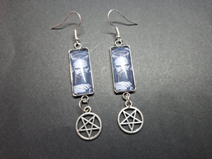 Stainless Steel rectangle image earrings, Satanic Anton LaVey inspired with inverted pentagram