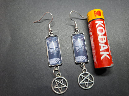 Stainless Steel rectangle image earrings, Satanic Anton LaVey inspired with inverted pentagram