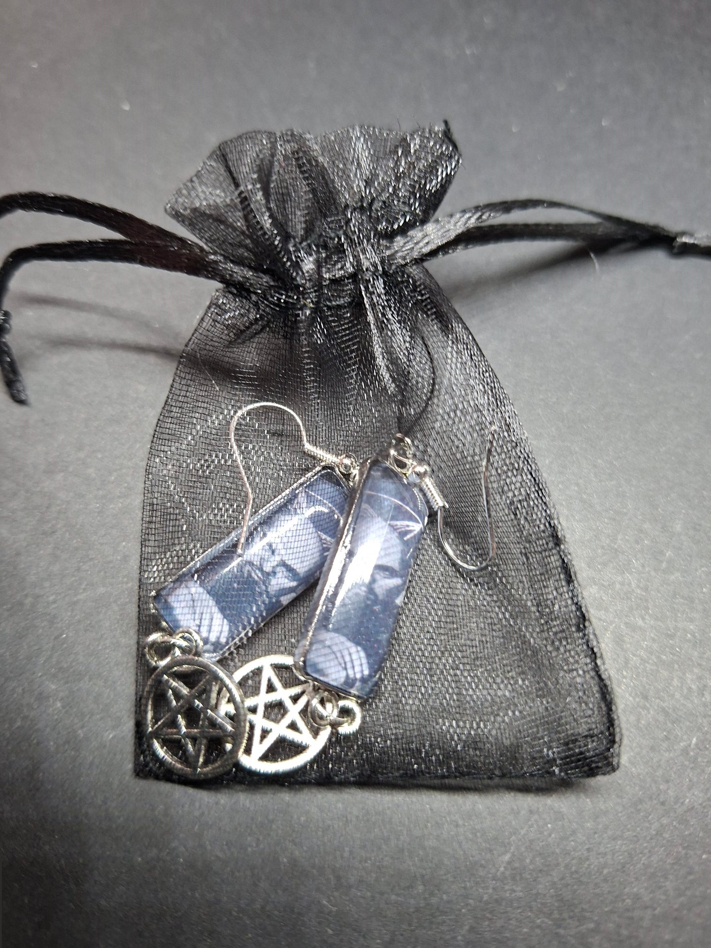 Stainless Steel rectangle image earrings, Satanic Anton LaVey inspired with inverted pentagram