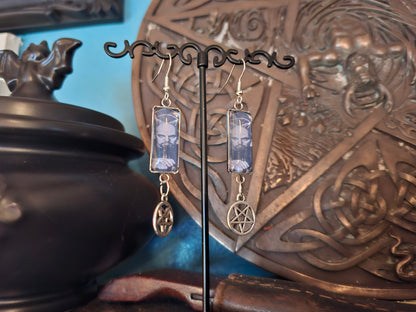 Stainless Steel rectangle image earrings, Satanic Anton LaVey inspired with inverted pentagram