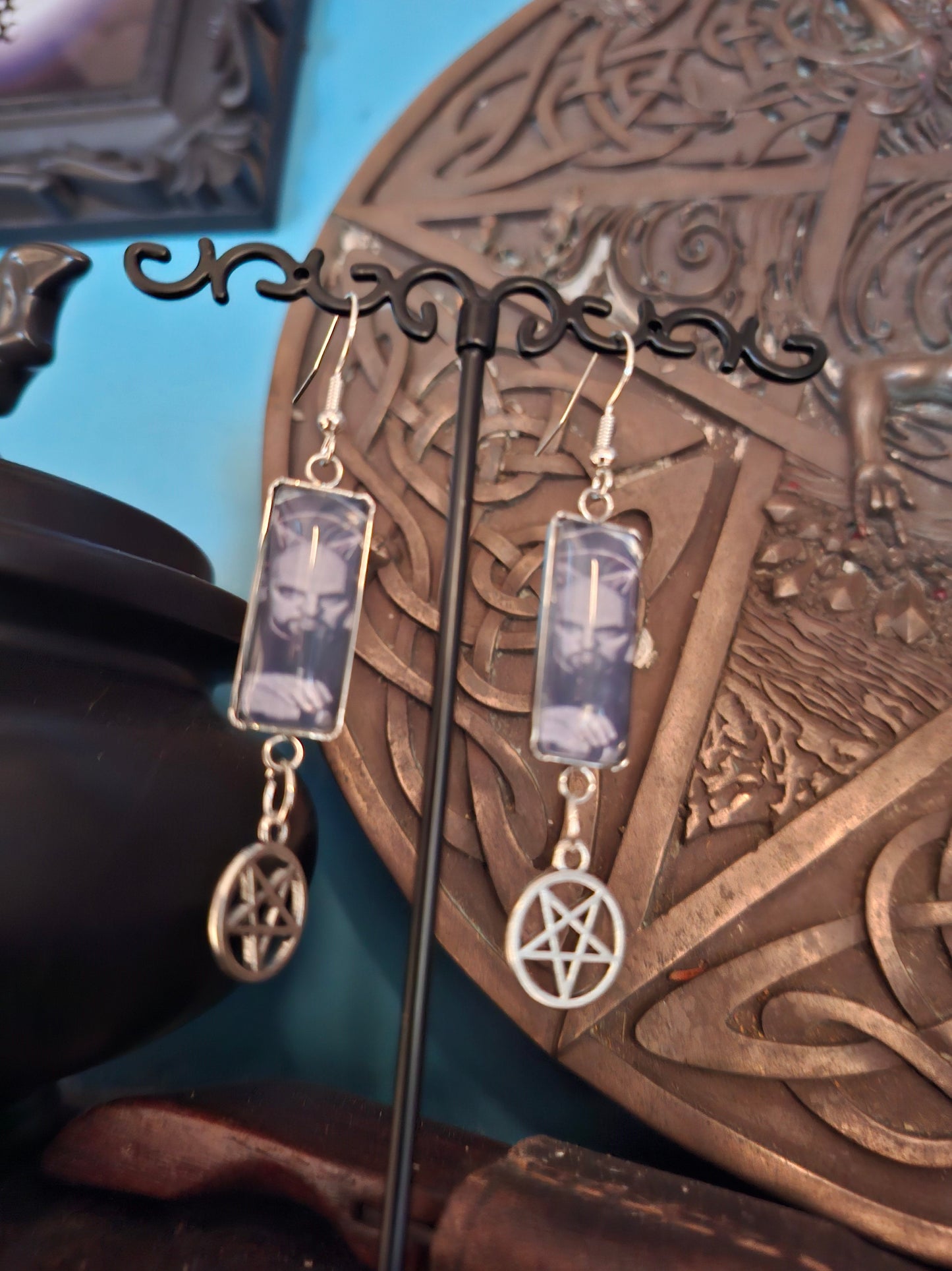 Stainless Steel rectangle image earrings, Satanic Anton LaVey inspired with inverted pentagram