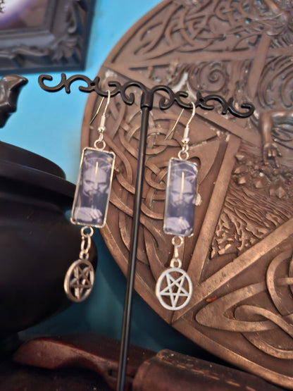 Stainless Steel rectangle image earrings, Satanic Anton LaVey inspired with inverted pentagram
