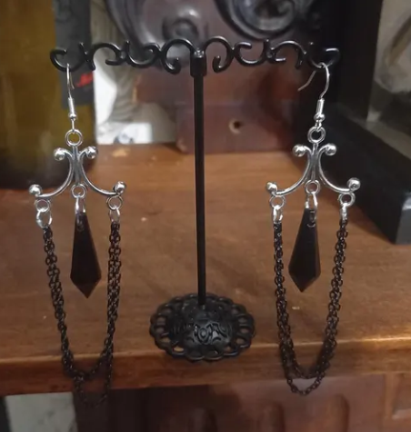Oddity Curiosity Goth Gothic Witchy Killstar "Chandelier" Black chains and acrylic crystal earrings