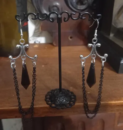 Oddity Curiosity Goth Gothic Witchy Killstar "Chandelier" Black chains and acrylic crystal earrings