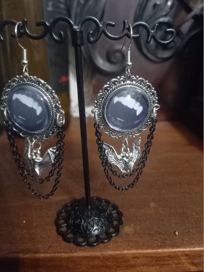 Goth Gothic Witchy Killstar Vampire " FANGS" deluxe ornate earrings with bat charm And chains