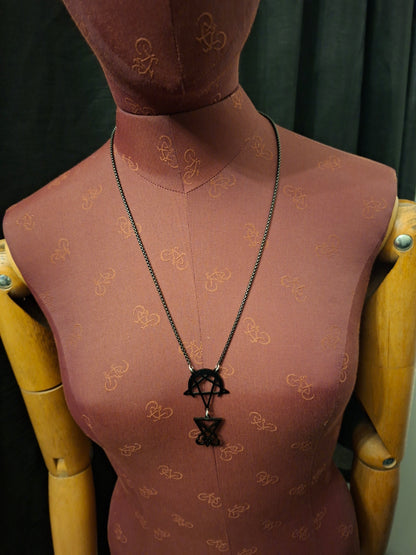 Sigil of Satan, inverted pentagram in crescent moon Black Stainless Steel necklace ,witchy Occult satanic