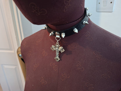 Black Spiked Faux Leather Collar, Ornate Cross with Death Head Moth : Goth Witchy Killstar