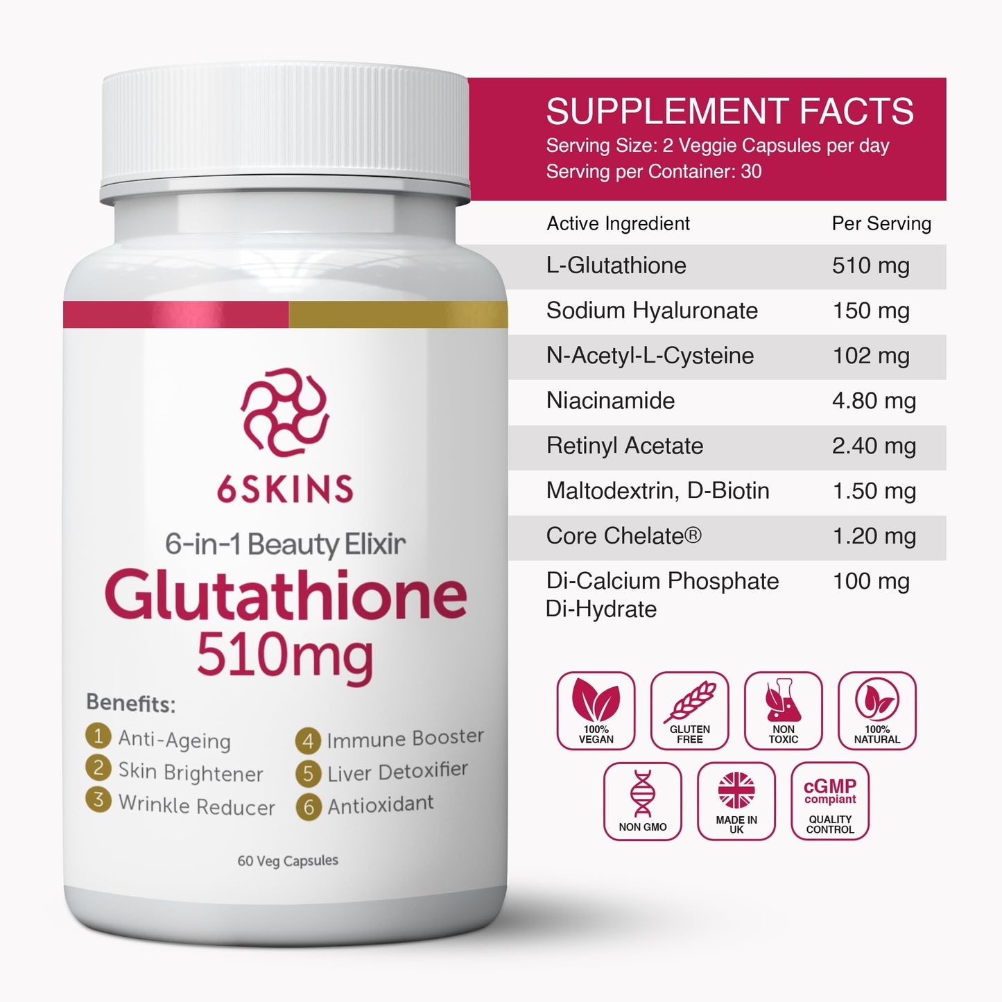 6SKINS 6in1 Beauty Elixir Liposomal Glutathione 510mg | Immune Support & Liver Detox | 60 Capsules