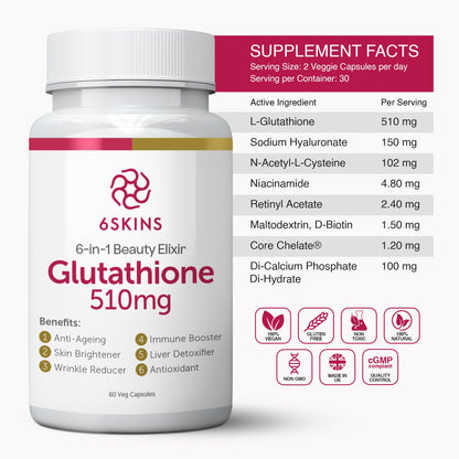 6SKINS 6in1 Beauty Elixir Liposomal Glutathione 510mg | Immune Support & Liver Detox | 60 Capsules
