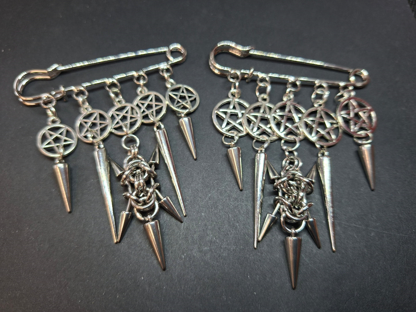Kilt Pin Brooch "chain mail spiked with pentagrams", goth witchy occult style