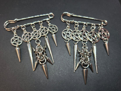 Kilt Pin Brooch "chain mail spiked with pentagrams", goth witchy occult style