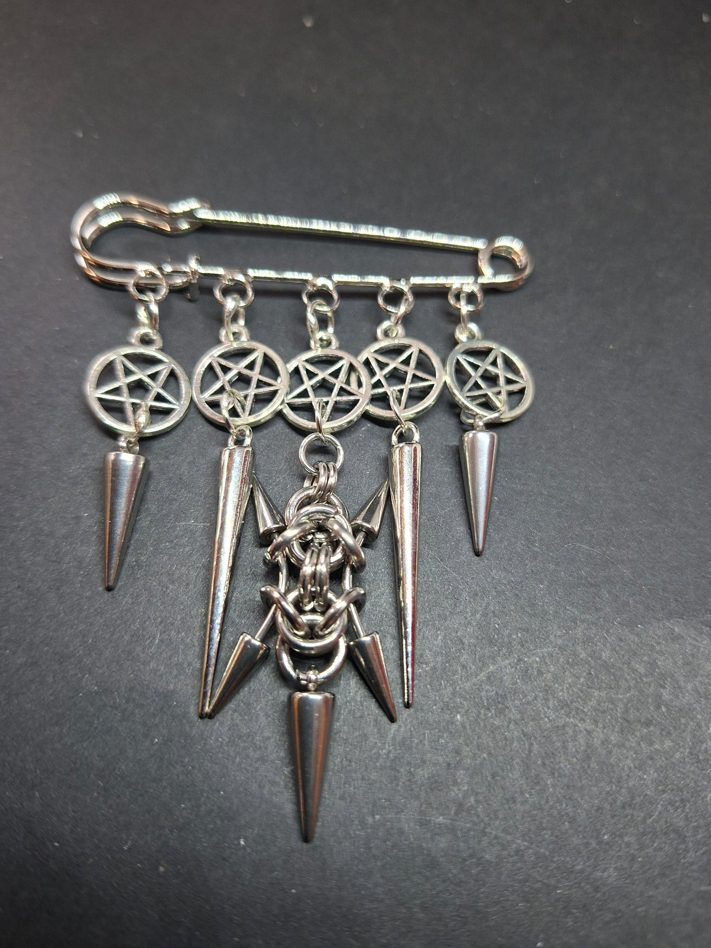 Kilt Pin Brooch "chain mail spiked with pentagrams", goth witchy occult style