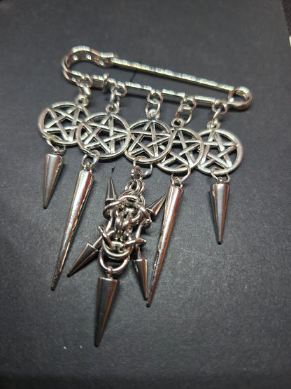 Kilt Pin Brooch "chain mail spiked with pentagrams", goth witchy occult style
