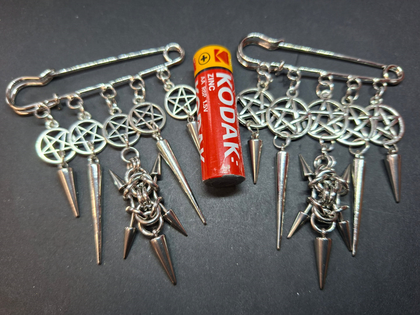 Kilt Pin Brooch "chain mail spiked with pentagrams", goth witchy occult style