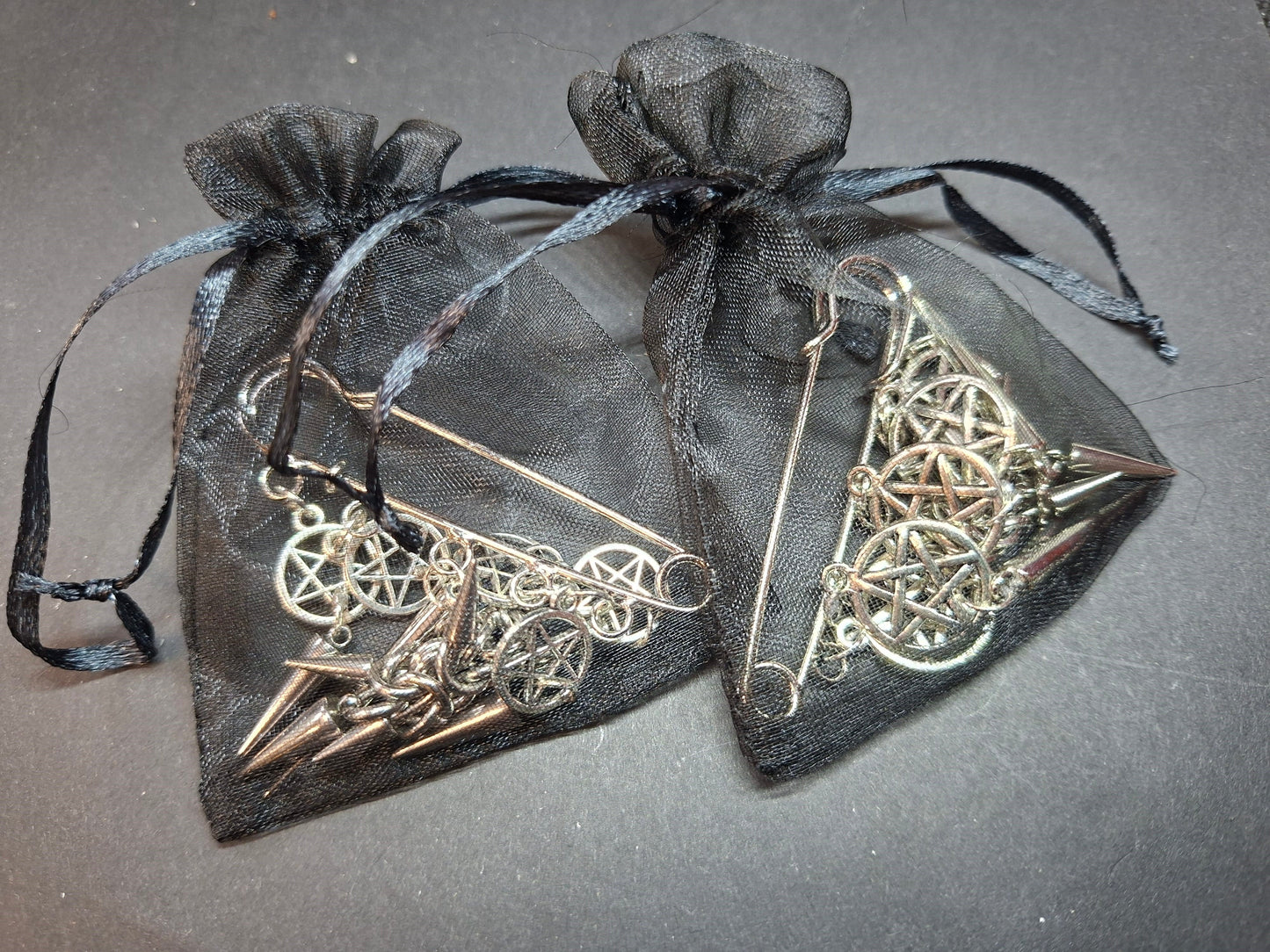 Kilt Pin Brooch "chain mail spiked with pentagrams", goth witchy occult style
