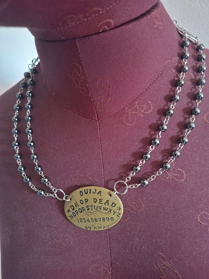 black hammerite double layer rosary , Paranormal spirit board,ouija planchette :gothic witchy occult jewelry