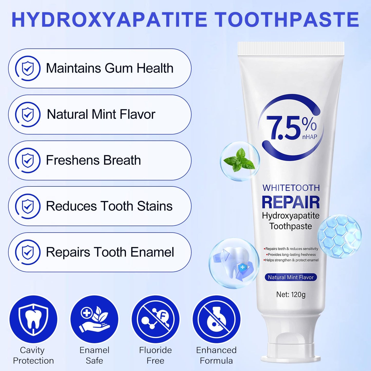 7.5% Hydroxyapatite Toothpaste 2Pack – Enamel Protection, Gentle Mint