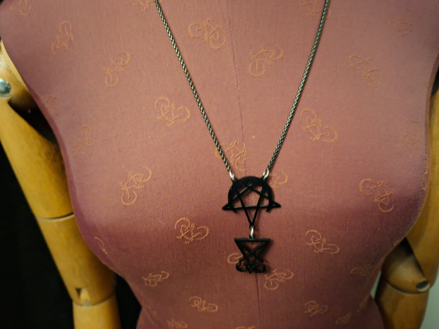 Sigil of Satan, inverted pentagram in crescent moon Black Stainless Steel necklace ,witchy Occult satanic