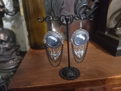 Goth Gothic Witchy Killstar Vampire " FANGS" deluxe ornate earrings with bat charm And chains