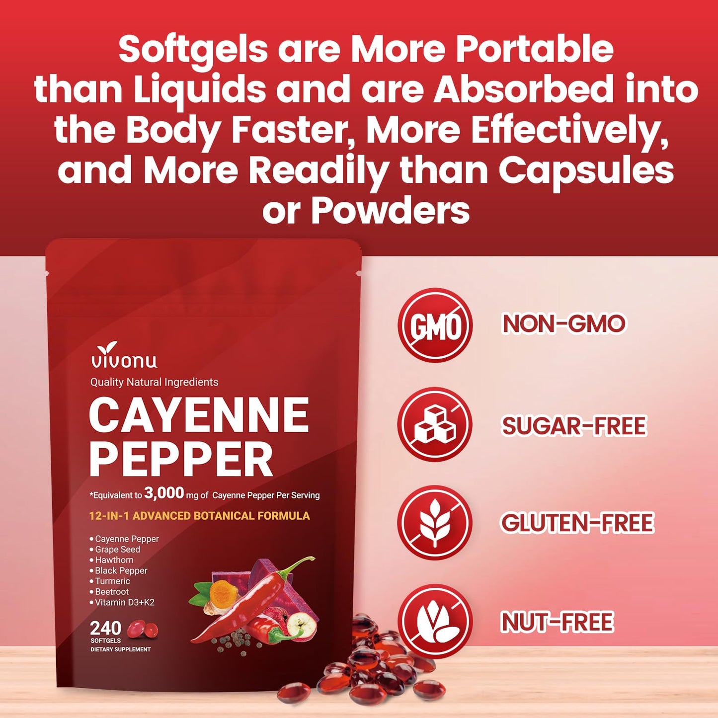 Cayenne Pepper Softgels Supplement, Supports Leg Vein, Heart and Blood Vessel Health, with Vitamin E D3+K2 and Extracts of Grape Seed, Hawthorn, Beetroot, Berberine and Others (240 Softgels / 1 Pack)