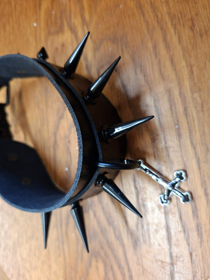 Black Faux Leather & 10 spikes Collar with inveted metal crucifix ,goth witchy style