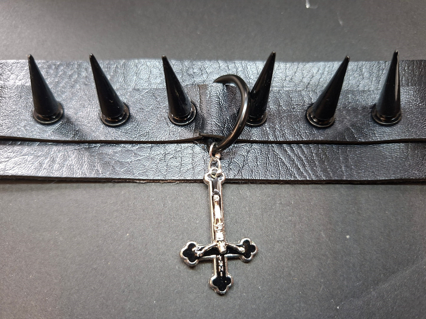 Black Faux Leather & 10 spikes Collar with inveted metal crucifix ,goth witchy style