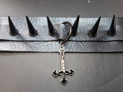 Black Faux Leather & 10 spikes Collar with inveted metal crucifix ,goth witchy style