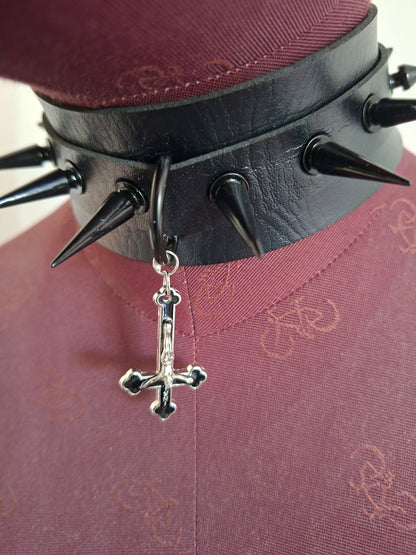Black Faux Leather & 10 spikes Collar with inveted metal crucifix ,goth witchy style