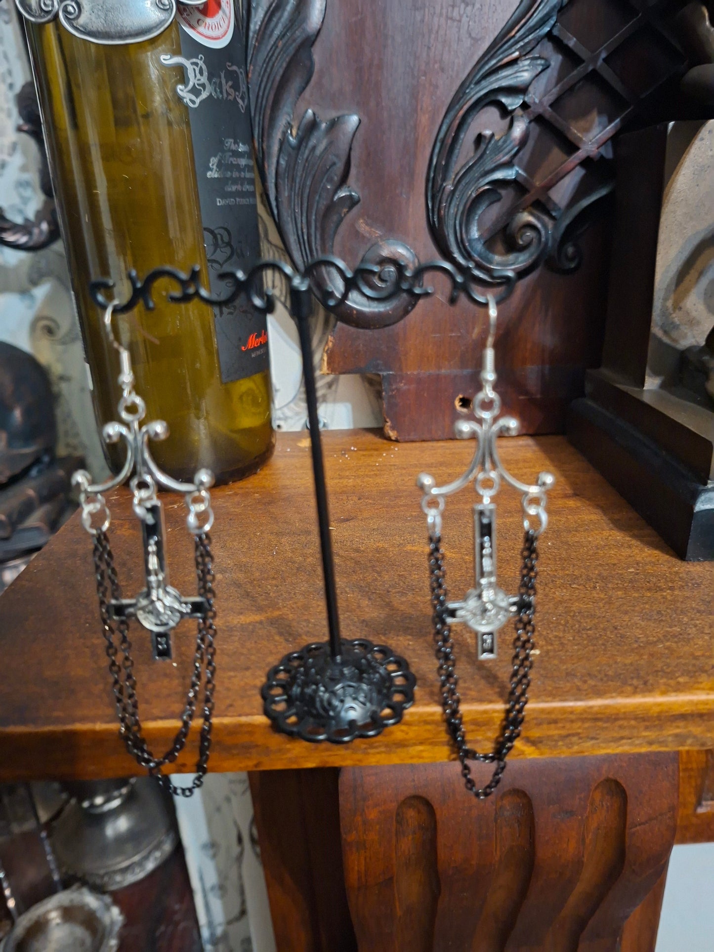 Oddity Curiosity Goth Gothic Witchy witchcraft occult satanic "Chandelier" inverted cross with chains  earrings