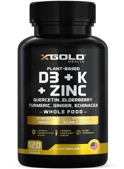 Vitamin D3 5000 IU + K2 MK7/MK4/K1, Zinc, Quercetin, Elderberry, Turmeric & Echinacea – 8-in-1 Plant-Based (120 capsules)