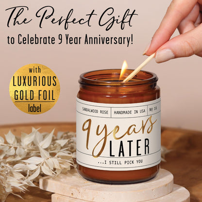 9 Year Anniversary Gift for Her — 9 Years Later Soy Candle, Sandalwood Rose, USA Made