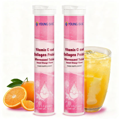 9 YOUNG-BASIC Vitamin C & Collagen Effervescent Tablets – Immune Support & Skin Radiance (Sweet Orange, 40 Tablets)