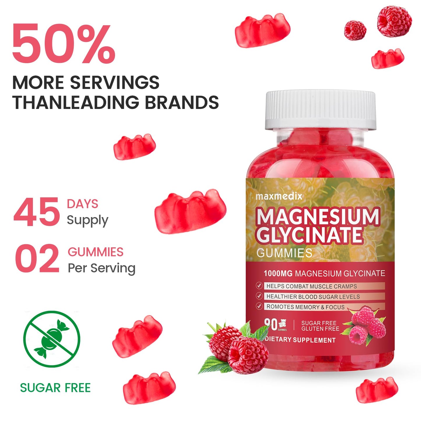 Magnesium Glycinate Gummies 1000mg – Sugar Free Potassium Magnesium Chewables for Sleep & Relaxation | 90 Peach Gummies