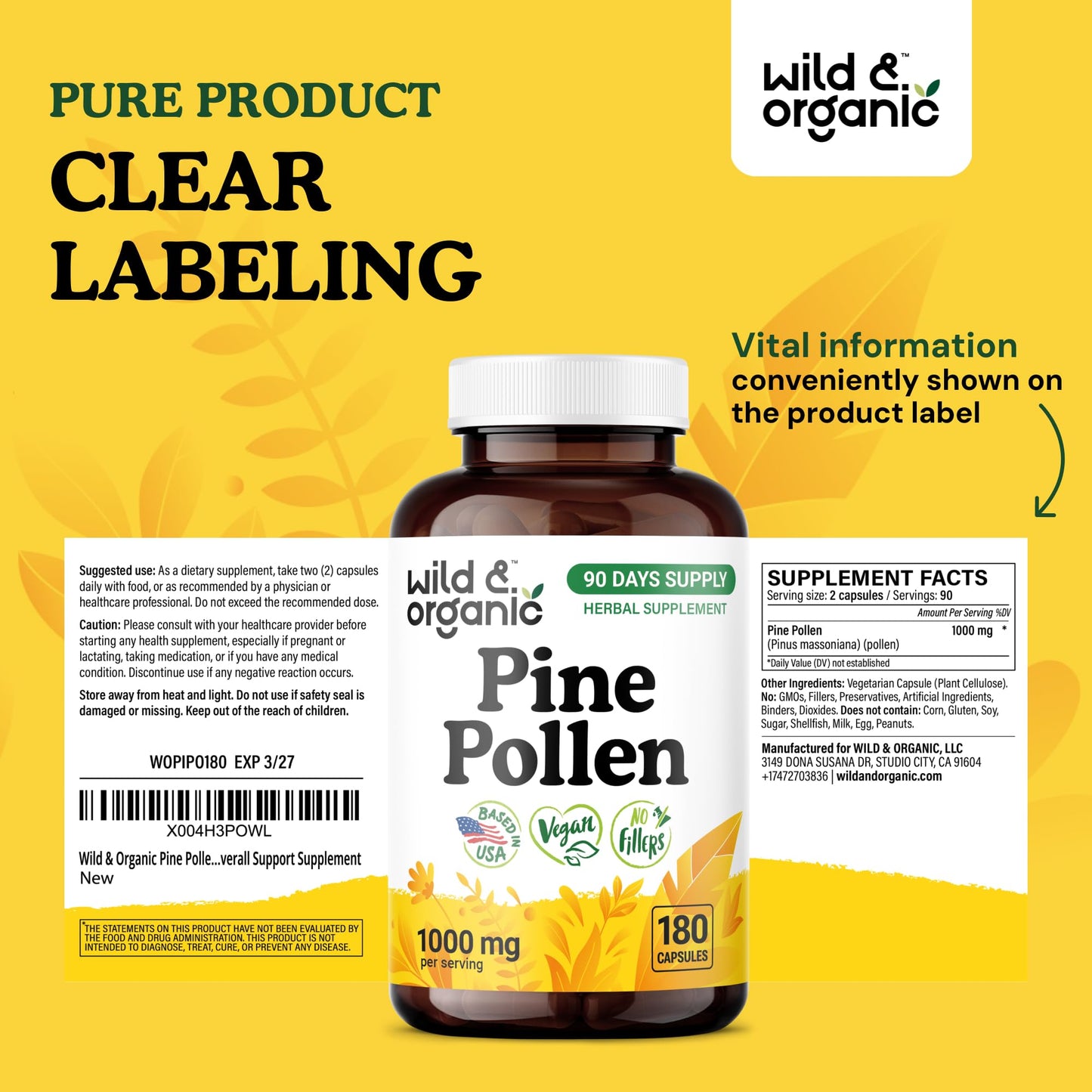 Wild & Organic Pine Pollen for Men – 1000 mg Capsules, Vegan & Non-GMO