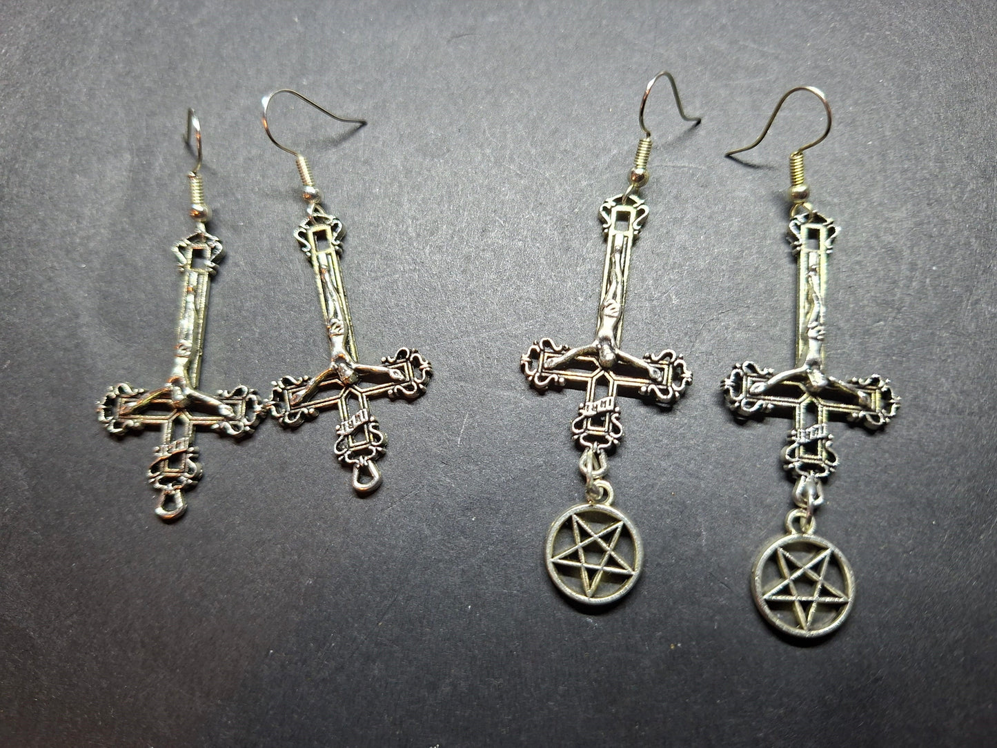 Witchy goth satanic occult witchcraft , Inverted Crucifix Earrings with Pentagram, Ritual Jewelry