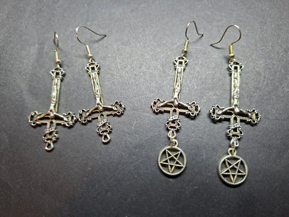 Witchy goth satanic occult witchcraft , Inverted Crucifix Earrings with Pentagram, Ritual Jewelry