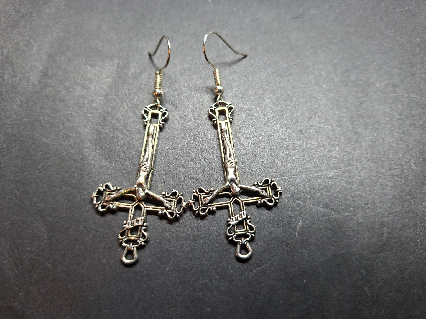 Witchy goth satanic occult witchcraft , Inverted Crucifix Earrings with Pentagram, Ritual Jewelry