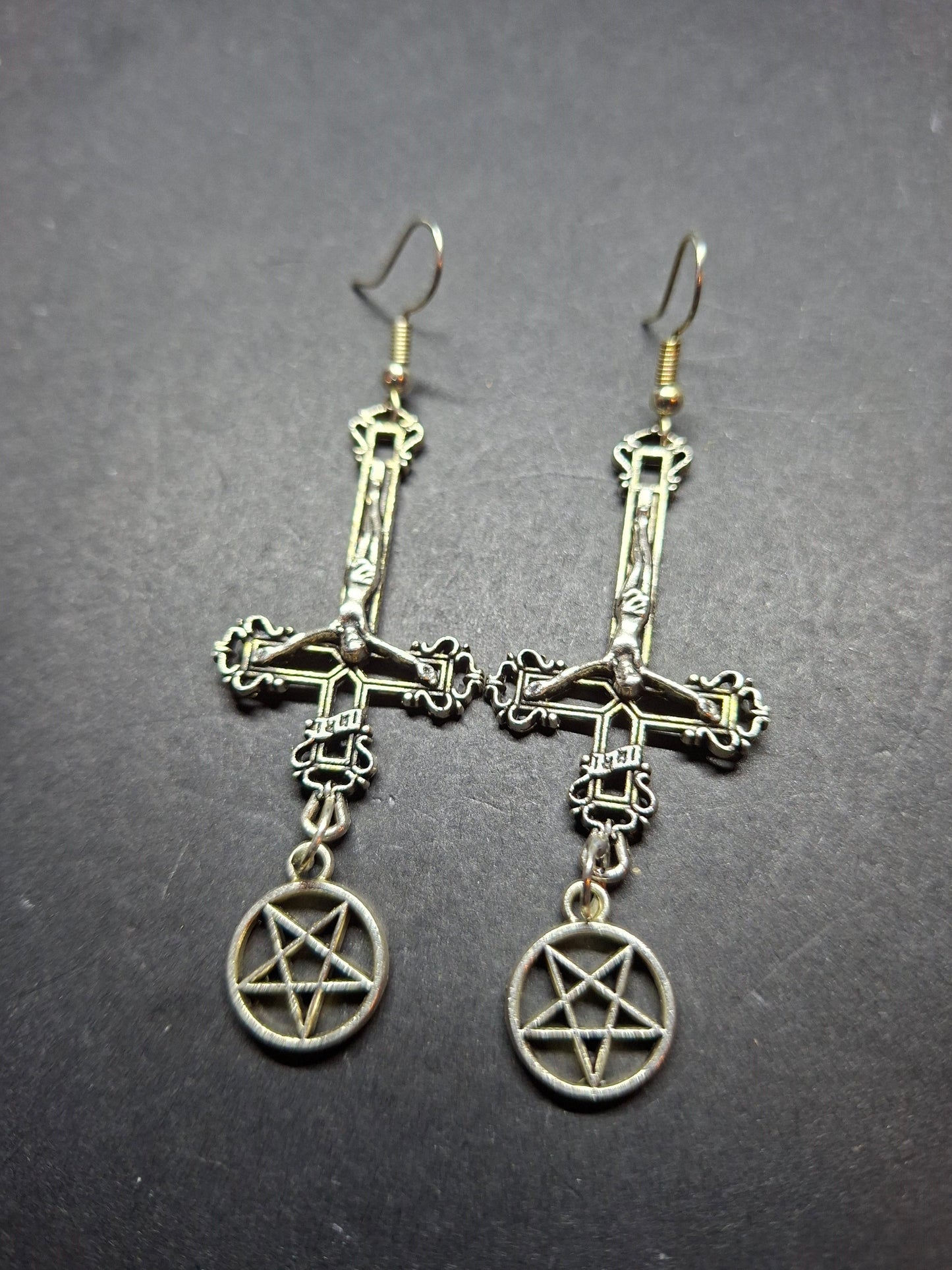 Witchy goth satanic occult witchcraft , Inverted Crucifix Earrings with Pentagram, Ritual Jewelry