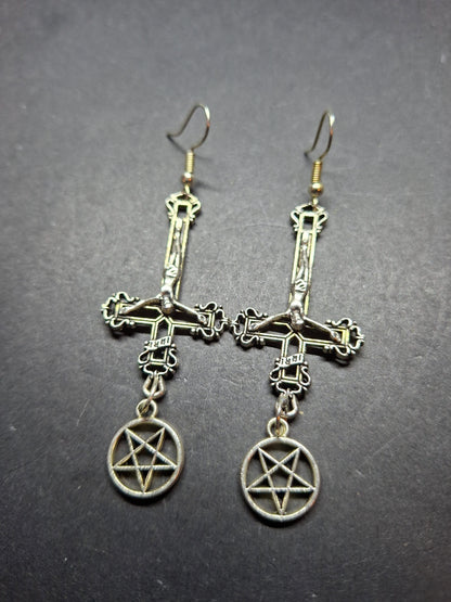 Witchy goth satanic occult witchcraft , Inverted Crucifix Earrings with Pentagram, Ritual Jewelry