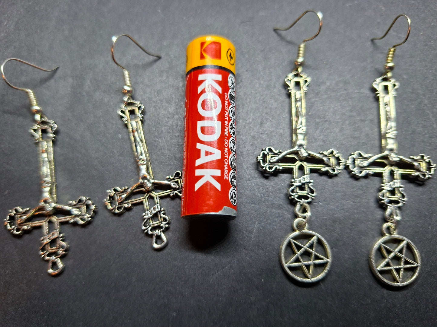 Witchy goth satanic occult witchcraft , Inverted Crucifix Earrings with Pentagram, Ritual Jewelry
