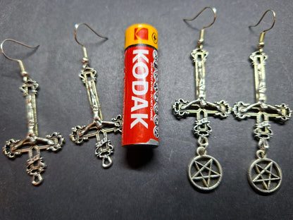Witchy goth satanic occult witchcraft , Inverted Crucifix Earrings with Pentagram, Ritual Jewelry