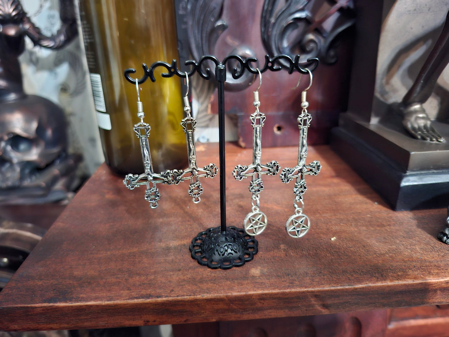 Witchy goth satanic occult witchcraft , Inverted Crucifix Earrings with Pentagram, Ritual Jewelry