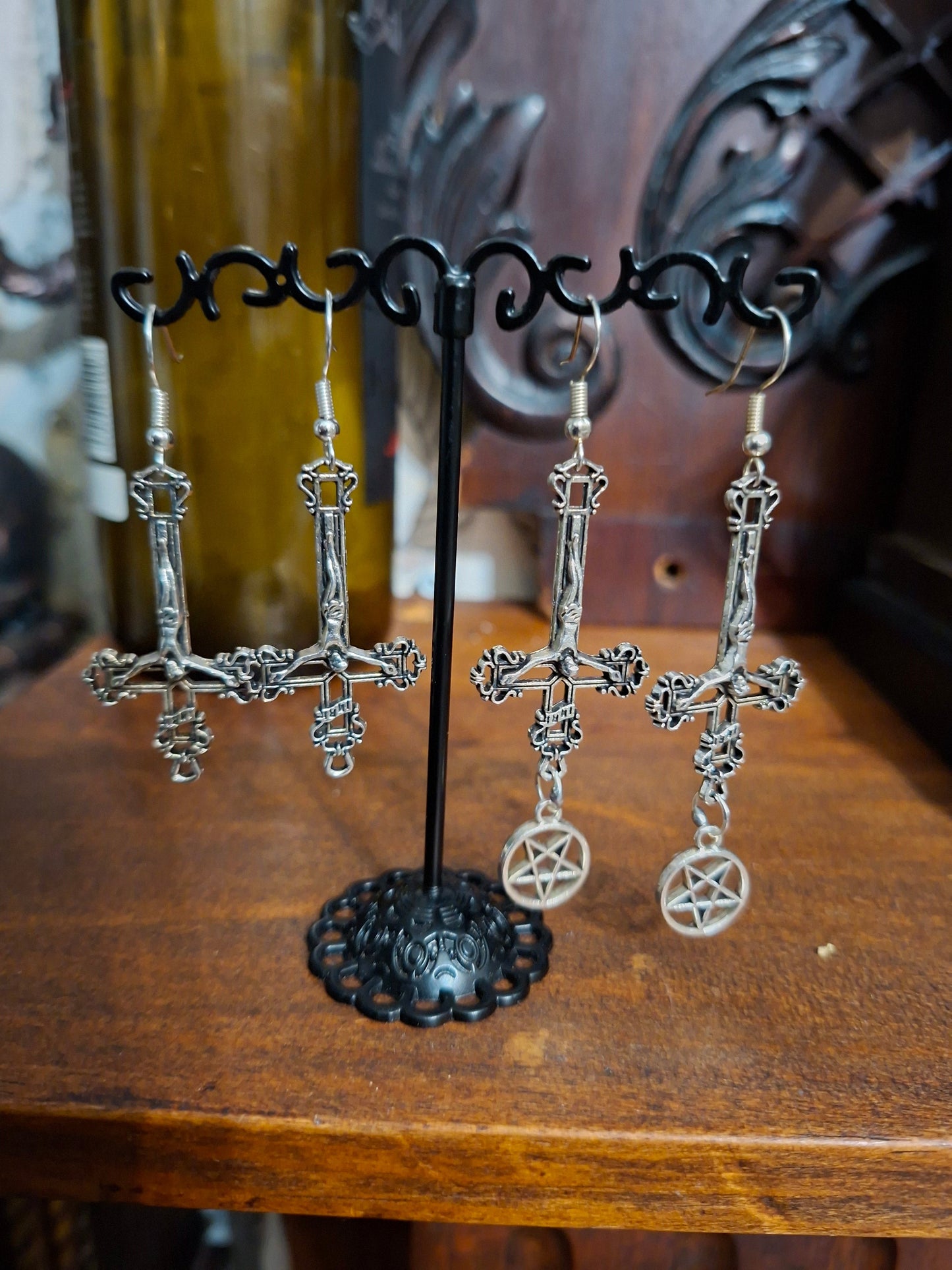 Witchy goth satanic occult witchcraft , Inverted Crucifix Earrings with Pentagram, Ritual Jewelry