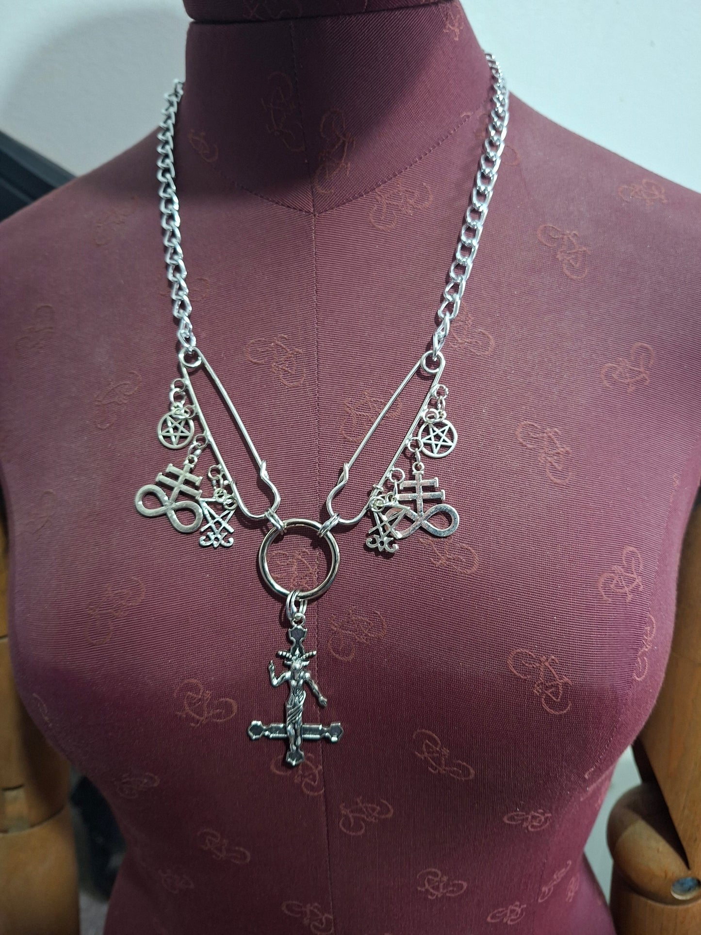 Kilt pin necklace ,Baphomet cross,satanic trinity :Gothic witchy satanic aesthetic