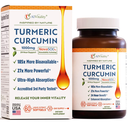 A1Vitality NovaSOL Turmeric Curcumin 1000mg – Clinically Proven 185x Higher Absorption – Promotes Joint Comfort, Mobility & Overall Wellness – Non-GMO, Doctor Formulated, 60 Softgels.